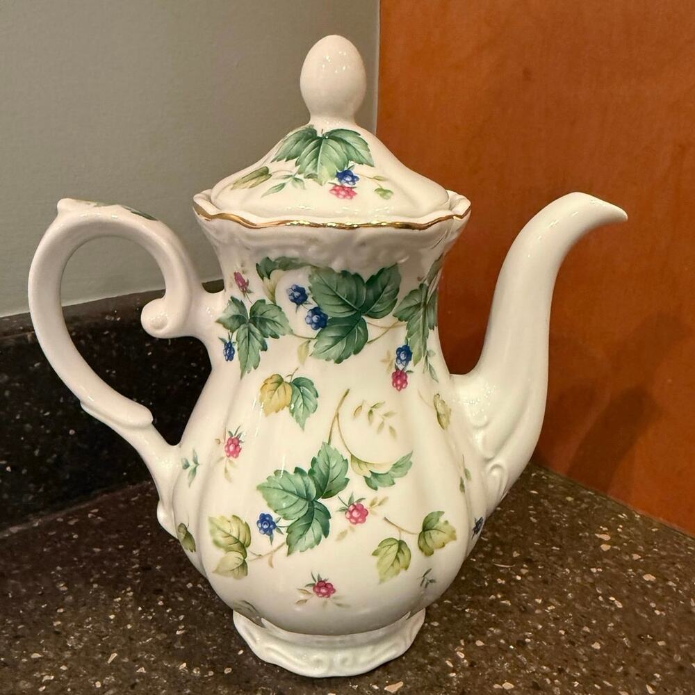 Andrea by Sadek Coffee Pot. Red & Blue Berries, Green Vine. Made In Japan